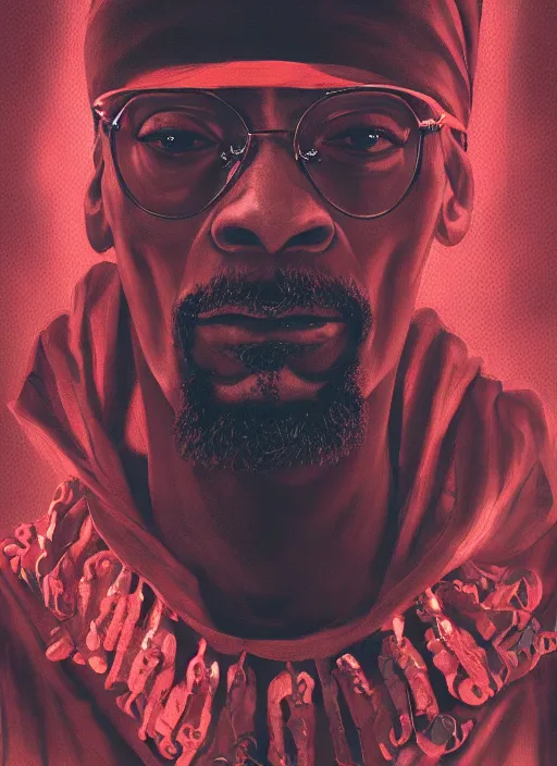 Image similar to snoop dogg is an evil wizard, dark, red, black, mist, hyper detailed, digital art, trending in artstation, cinematic lighting, studio quality, smooth render, unreal engine 5 rendered, octane rendered, art style by klimt and nixeu and ian sprigger and wlop and krenz cushart.