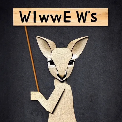 Prompt: a kangaroo holding a sign made out of steel with the word the letters'w ','e ','l ','c ','o ','m ','e'carved on it, digital art