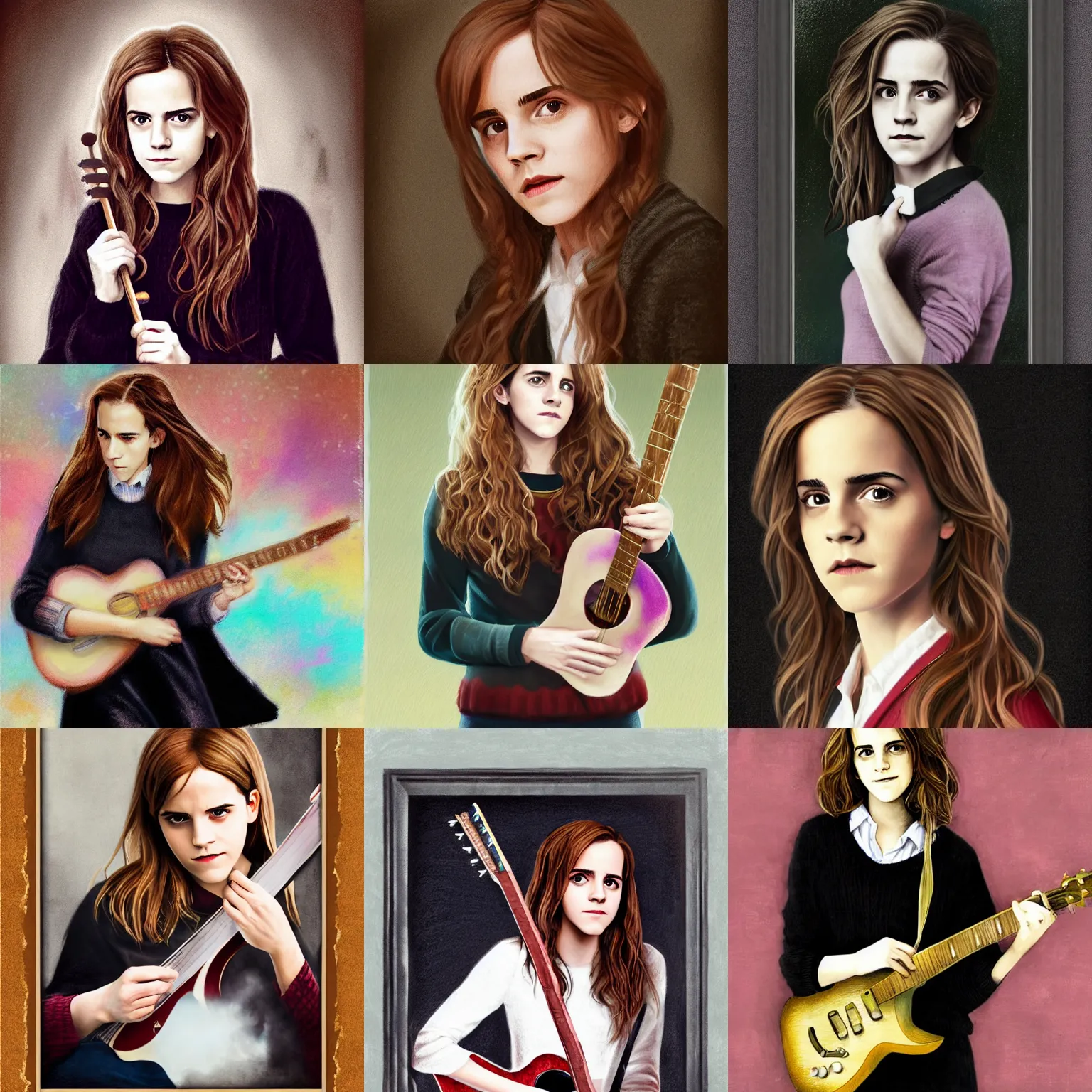 Prompt: Hermione Granger/Emma Watson wearing a black sweater, playing a guitar, in the Gryffindor common room, portrait photo, pixta.jp, pastel art