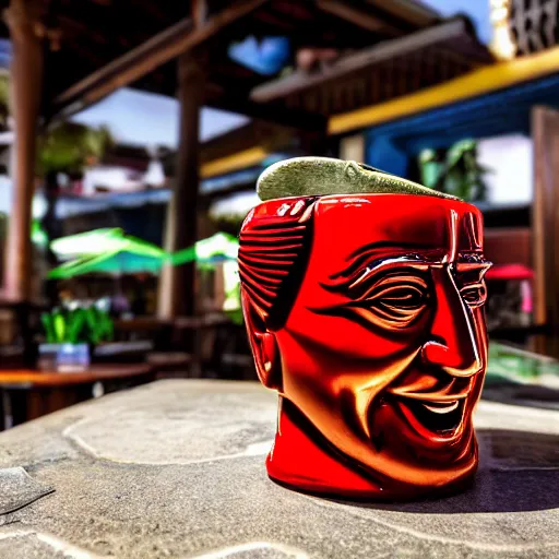 Image similar to a closeup photorealistic photograph of a glossy ferrari themed tiki mug at at an outdoor trader vic's bar featuring the young enzo ferrari's face. tiki theme. bright scene. fine detail. this 4 k hd image is trending on artstation, featured on behance, well - rendered, extra crisp, features intricate detail, epic composition and the style of unreal engine.