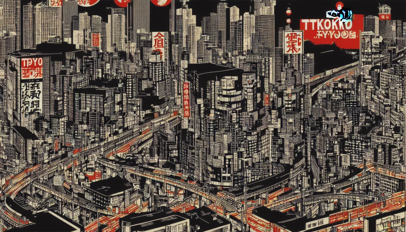 Prompt: tokyo by dan mumford and peter doig and edward hopper, symmetrical, minimal, black ink, thick lines highly detailed, muted colours, overlaid with chinese adverts, 8 k