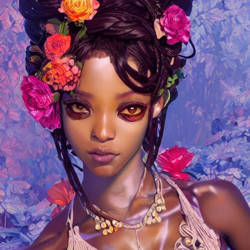 Prompt: the portrait of the absurdly beautiful, graceful, elegant, gorgeous, sensual black anime model goddess made of petals, an ultrafine hyperdetailed photograph by kim jung gi, irakli nadar, intricate linework, bright colors, octopath traveler, final fantasy, unreal engine 5 highly rendered, global illumination, radiant light, intricate environment