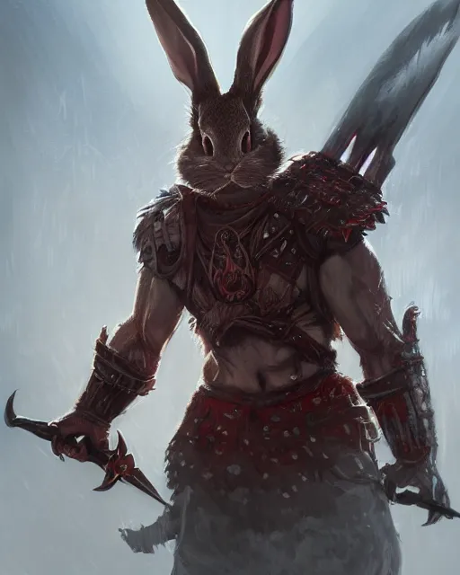 Image similar to Rabbit Berserker, rage, maniac, war paint, red, Khorne, magic the gathering artwork, D&D, fantasy, cinematic lighting, centered, symmetrical, highly detailed, digital painting, artstation, concept art, smooth, sharp focus, illustration, volumetric lighting, epic Composition, 8k, art by Akihiko Yoshida and Greg Rutkowski and Craig Mullins, oil painting, cgsociety