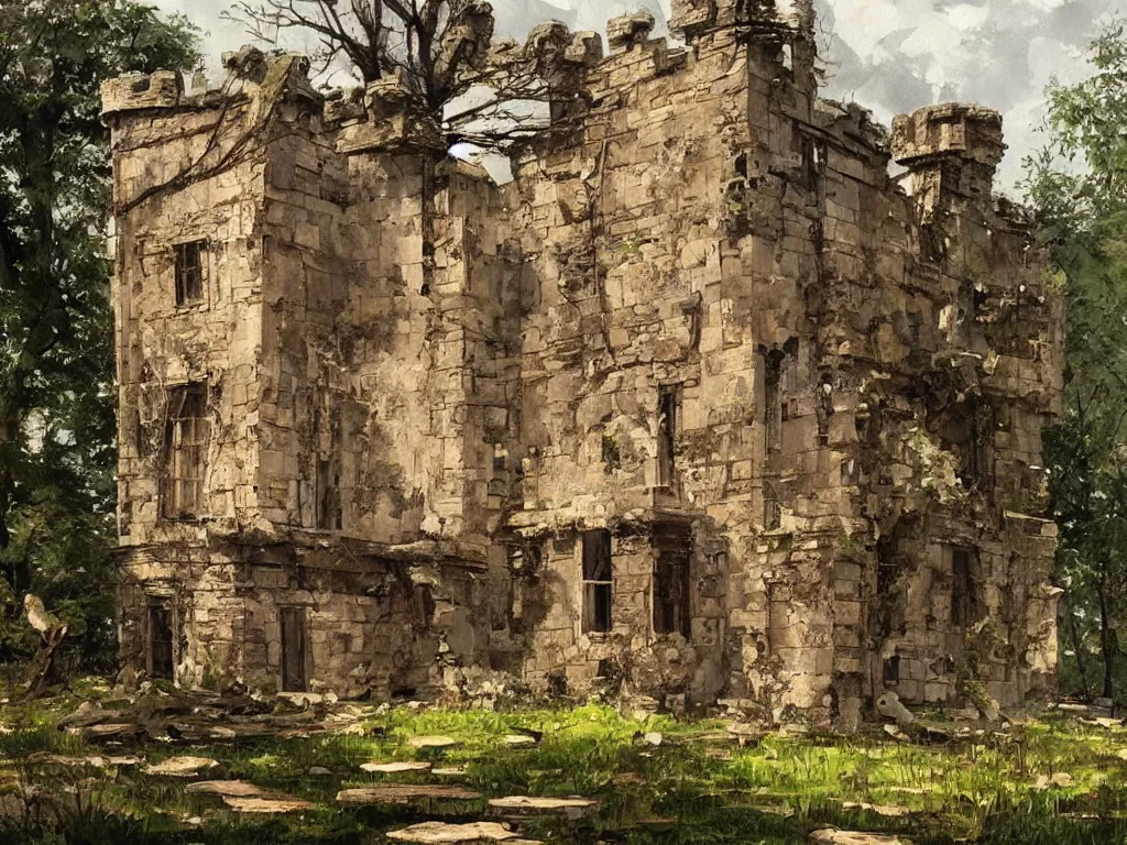 Image similar to A beautiful painting of a dilapidated ancient castle building in the wood, by Coby Whitmore, Trending on artstation, very detailed