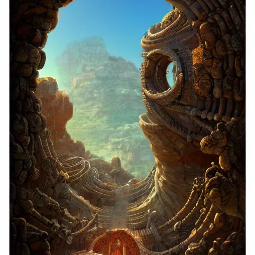 Image similar to a gigantic paleolothic torus made of stone with highly detailed carvings of intricate shamanic robotic electronics and circuitry, in a mediterranean lanscape, inside a valley overlooking the sea, in the style of andreas rocha