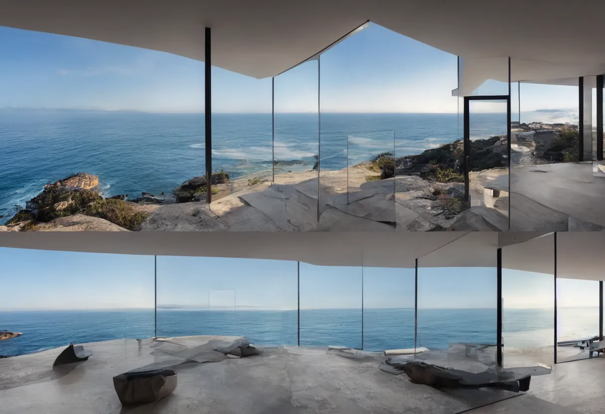 Image similar to Modern house interior with big windows at dawn, Located on a cliff view to the sea minimalistic epic architecture coherent high detail