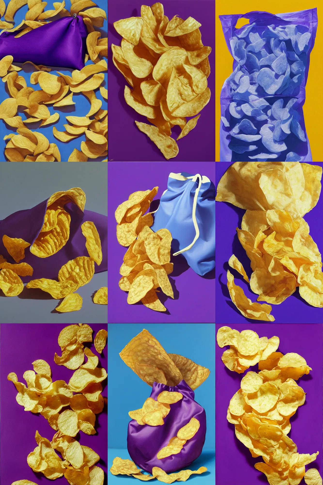 Prompt: an hyper - realistic painting of potato chips with a purple - blue background in the shape of a bag, with no visible bag, by claudio bravo