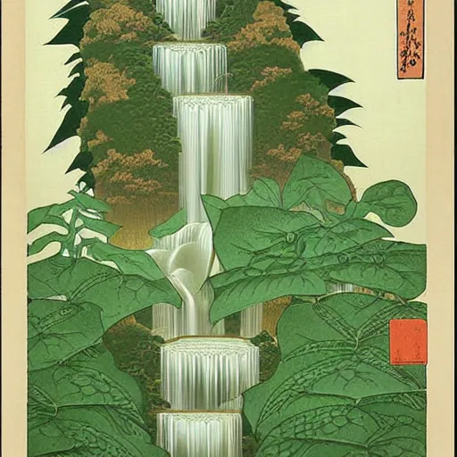 Prompt: fantasy scientific botanical illustration of a green leafy plant that grows like a waterfall ,Ukiyo-e, isometric view, diego rivera