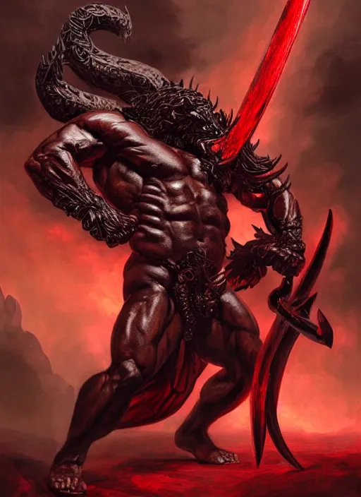 Prompt: portrait of aggressive demonic damned heracles slaying a beast, d & d, muscular! athetic slim bodybuilder, red and black, futuristic, fantasy, intricate, elegant, highly detailed, digital painting, artstation, concept art, smooth, sharp focus, illustration, art by artgerm and greg rutkowski and alphonse mucha