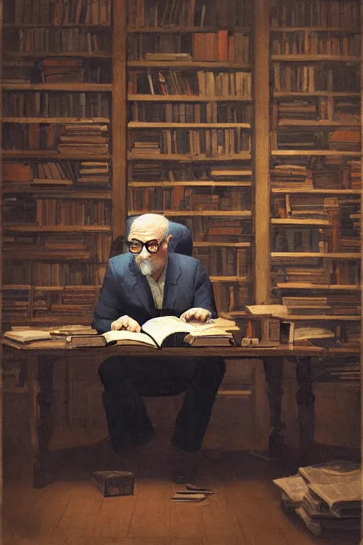 Prompt: portrait of an older man sitting behind a big desk, he is wearing glasses, there are a lot of books laying around, style of greg rutkowski