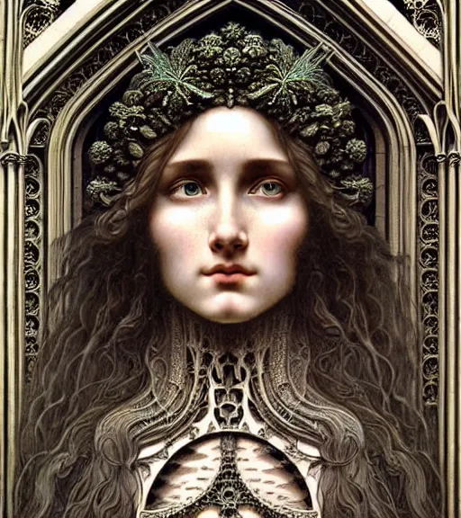 Prompt: hyperrealistic detailed face portrait of a beautiful long haired young goddess morphing into a gothic cathedral, authentic ornamental architecture, intricate and highly detailed, awe inspiring art by ernst haeckel, android jones, h. r. giger, alphonso mucha, gothic, neo - gothic, heavily ornamental,