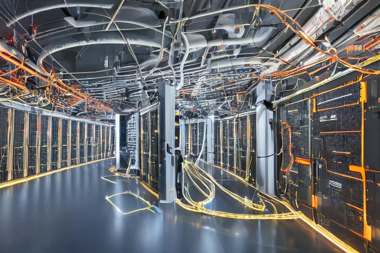 Prompt: a vast and modern Cray supercomputer datacenter. shiny floor, exposed circuit boards and complexes of wiring, orange glowing nixie tubes and tesla coils.