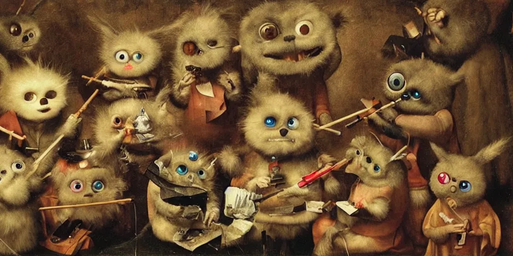 Image similar to a small group of furbies smoking weed!!!!! ( ( ( hieronymus bosch painting ) ) ) furbies with realistic bongs!! smoking pipes!! and joints!!, smoke! fills the air of a small room, studio lighting