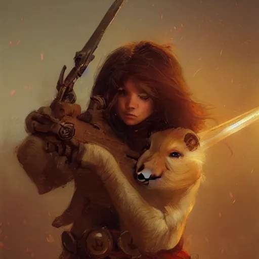 Image similar to Adorable Guinea Pig holding a frivolous weapon of war, illustrated by Greg Rutkowski and Gaston Bussiere, beautiful portrait image, serious lighting, dramatic amtosphere, war-art style, photorealistic imagery, trending on artstation, 4k, 8k