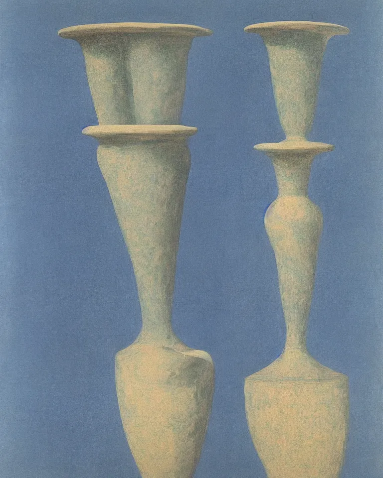 Image similar to achingly beautiful print of one painted ancient greek vase on baby blue background by rene magritte, monet, and turner. symmetrical.