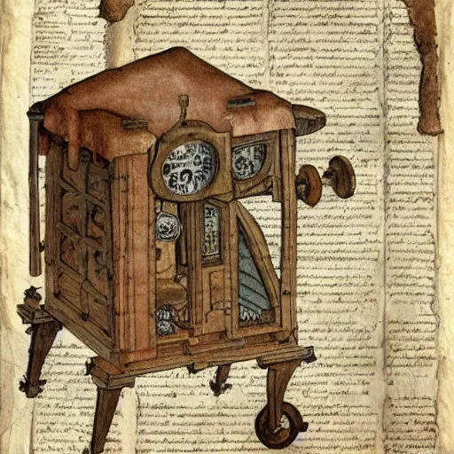 Image similar to vintage, detailed, colored sketch of time machine instruction, all parts, with full descriptions, on old parchment, by leonardo da vinci