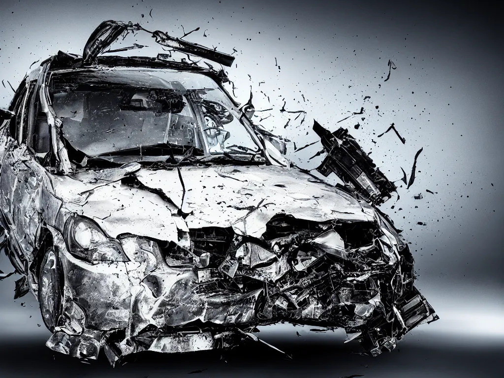 Image similar to crash car, front view, windshield with a crack, real photo, studio lighting, many parts, high resolution, shot on an expensive camera