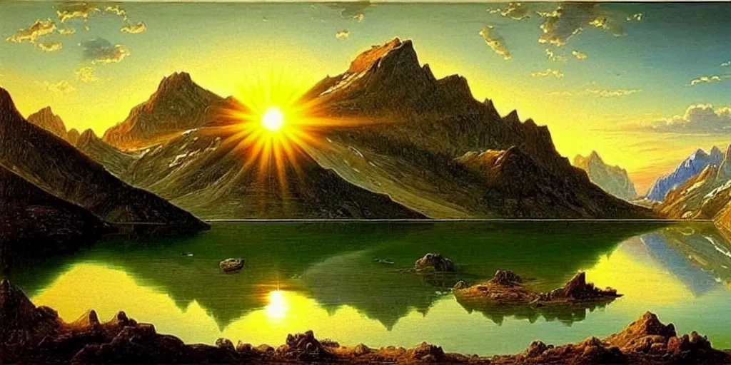 Image similar to a beautiful landscape, sun rises between two mountains, a lake in between the mountains, painting by john stephans, extremely detailed, hyper realism