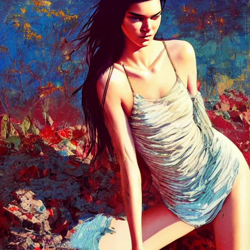 Prompt: fashion model kendall jenner by Faile by Richard Schmid by Jeremy Lipking by moebius by atey ghailan