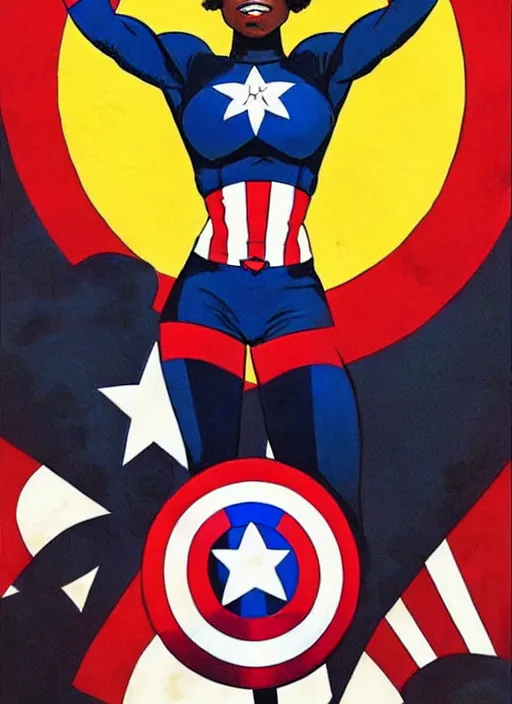 Image similar to beautiful black female captain america. afro - feminist captain america wins wwii. american wwii propaganda poster by james gurney, rob liefeld and pixar. gorgeous face. overwatch, realistic. black power