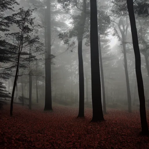 Prompt: dusk, fog 5 0 % visibility, gray wood forest and reddish leaves.