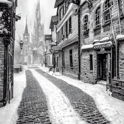 Image similar to an ultra detailed black and white tarot card of the quaint town of galic, grid shaped city cobblestone streets, fantasy city, the morning after a heavy snowfall, wind, inspiring gothic architecture, ultrawide lense, aerial photography, unreal engine, exquisite detail, 8 k, art by greg rutkowski and alphonse mucha