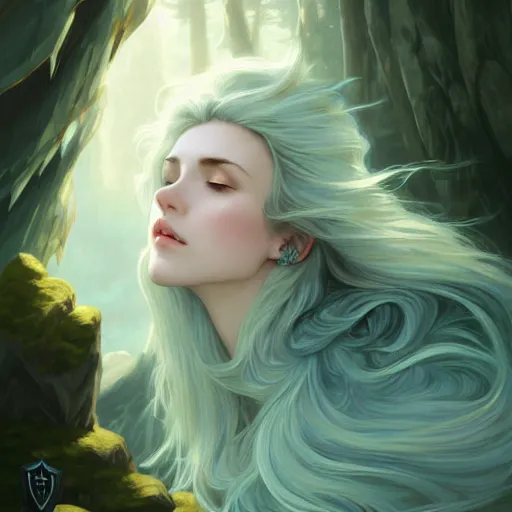 Image similar to knight, lying down on rock, white grey blue green color palette, eyes closed, forest, female, d & d, fantasy, intricate, elegant, highly detailed, long silver hair, digital painting, artstation, octane render, concept art, matte, sharp focus, illustration, hearthstone, art by artgerm, alphonse mucha johannes voss