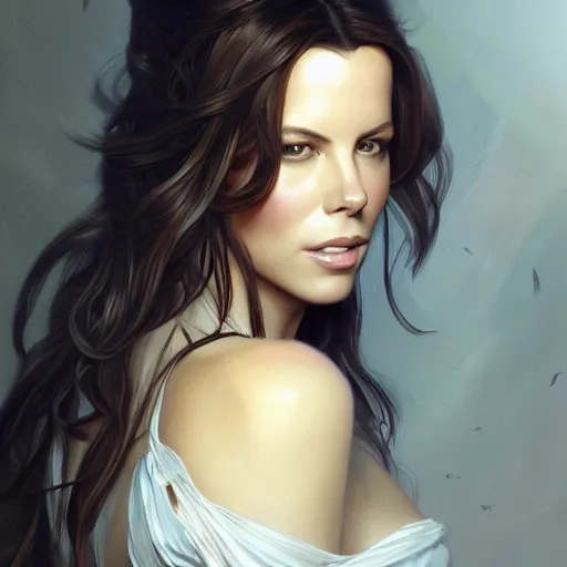 Image similar to portrait of a kate beckinsale, upper body, fantasy, intricate, elegant, highly detailed, digital painting, artstation, concept art, matte, sharp focus, illustration, art by Artgerm and Greg Rutkowski and Alphonse Mucha