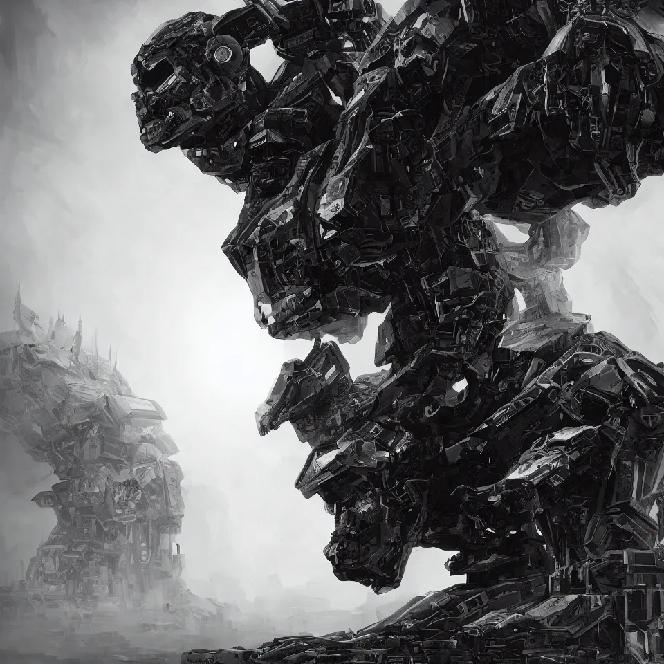 Prompt: head ans shoulder of one and unique giant robot, ricardo federici, epic composition, feng zhu, masterpiece, ink drawn horror, greate space, creepy, fog, volume light, black and white high resolution, 8 k, highly detailed, processing, extremely hyperdetailed