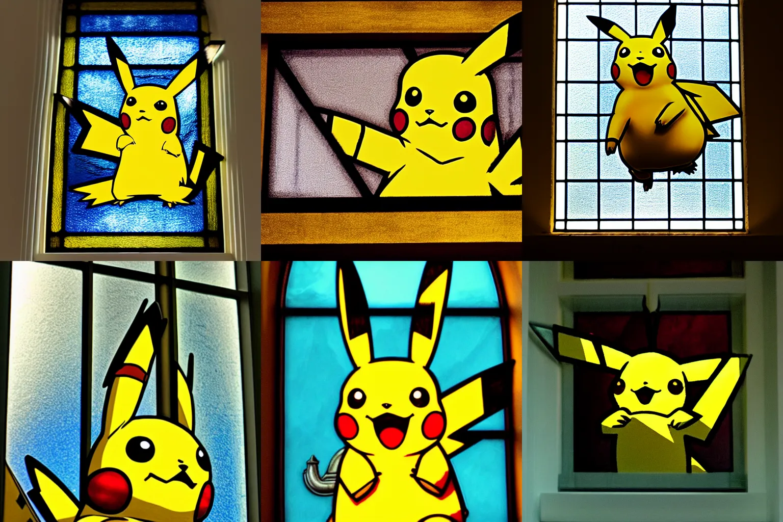 Prompt: pikachu in tainted glass, church style, dramatic, detailed, glass, pikachu, good lighting