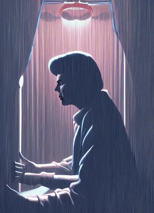 Prompt: Twin Peaks poster artwork by Michael Whelan and Tomer Hanuka, Karol Bak, Rendering of David Bowie in the local jail cell in the small town, from scene from Twin Peaks, full of details, by Makoto Shinkai and thomas kinkade, Matte painting, trending on artstation and unreal engine