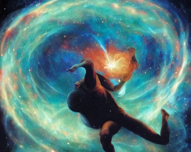 Image similar to cosmic basketball player dunking a basketball hoop in a nebula, an oil painting, by ( leonardo da vinci ) and greg rutkowski and rafal olbinski ross tran award - winning magazine cover