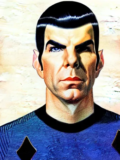 Image similar to : ZACHARY QUINTO SPOCK fanart + 70s COLORED PENCIL + art by J.C. LEYENDECKER + 4K UHD IMAGE + STUNNING QUALITY + CRAYON TEXTURE