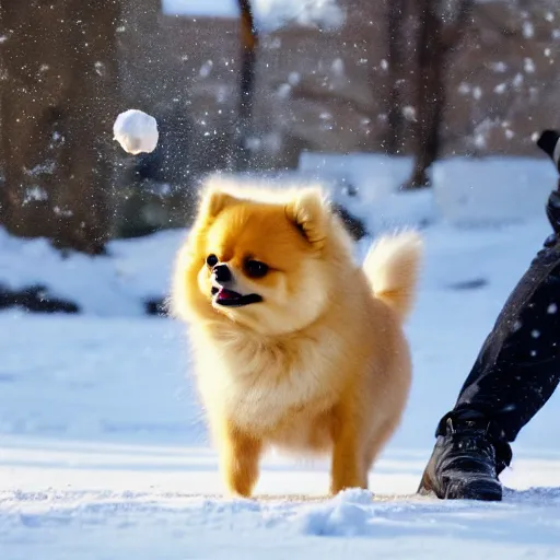 Image similar to a person throwing a snowball that looks like a pomeranian