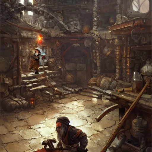 Prompt: dwarf blacksmith hammering a weapon at an elaborate forge complex by greg rutkowski, artgerm, craig mullins, jeff easley - n 4