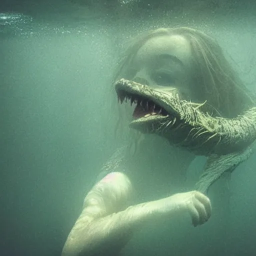 Image similar to sea monster about to eat pov underwater, neutral expression, have submerged, pale skin, dark yellowish water, foggy water, dark, dramatic,'silent hill ', big eyes, alluring and terrifying, cinematic