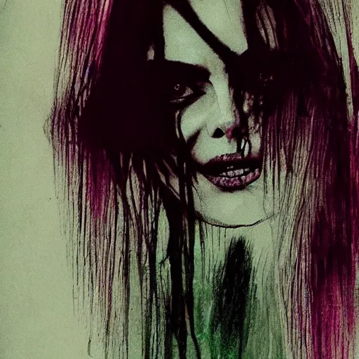 Image similar to grunge drawing of margot robbie in the style of the grudge | horror themed