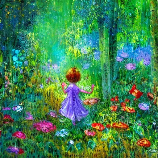 Prompt: tiny fairies playing hide and seek in a dense floral forest, green, colourful, playful, impressionism