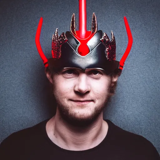 Prompt: man with a crown, smirk, photograph, black backgrounds, glowing red eyes, thor