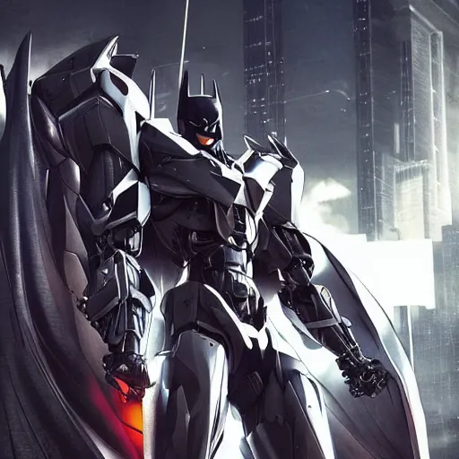 Image similar to batman mecha, mecha suit, epic urban bakground, Murata Yasushi Nirasawa Style, beautiful aesthetic, photorealistic, volumetric lighting, hyperrealistic, octane render, HDR, Production IG Studios Anime Style