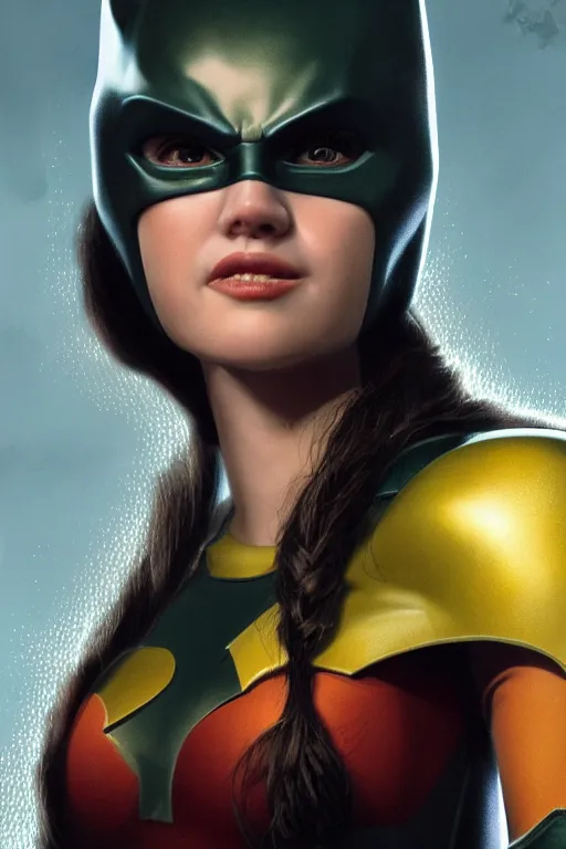 Prompt: portrait of Young Jennifer Connelly as Batgirl , face portrait, raphael lacoste, eddie mendoza, alex ross, concept art, matte painting, highly detailed, rule of thirds, dynamic lighting, cinematic, detailed, denoised, centred