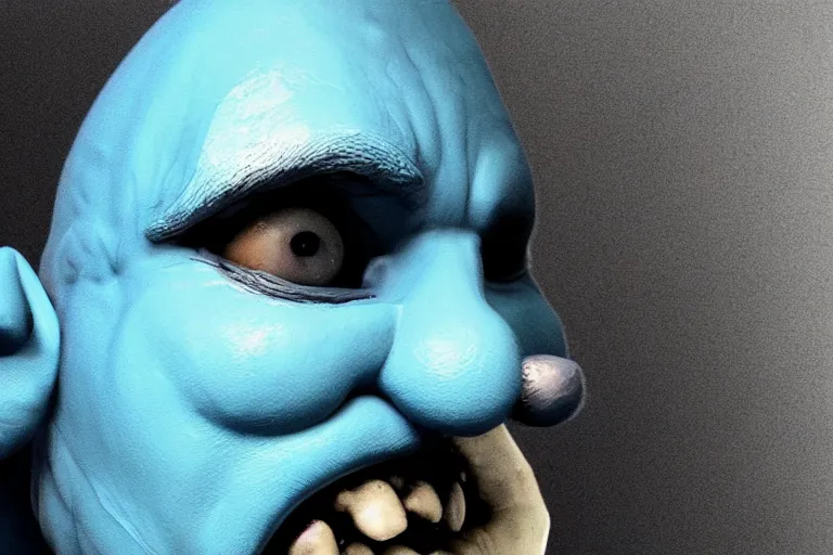 Image similar to horrific screaming smurf portrait stuck in the matrix, glitchy, buggy, playstation 1 graphics, low poly 3 d render, creepypasta, volumetric lighting, dramatic, octane render, scary, horrific, award - winning, detailed, weird, close - up, featured on artstation, strange, off - putting, demonic, odd, atmospheric, ambient, spooky