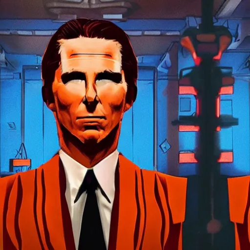 Image similar to a cyberpunk dystopian presidential portrait of president orange, with only orange hair and eyebrows, played by christian bale