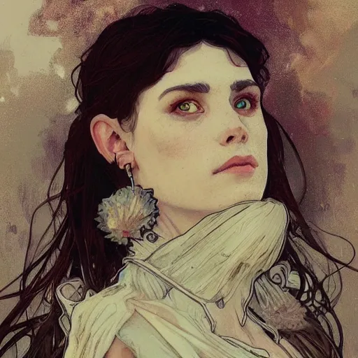Prompt: A bust portrait of A female knight sitting by the lake by greg rutkowski and alphonse mucha,In style of Dark Fantasy digital art illustration.WLOP.hyper detailed,smooth, sharp focus,trending on artstation,4k