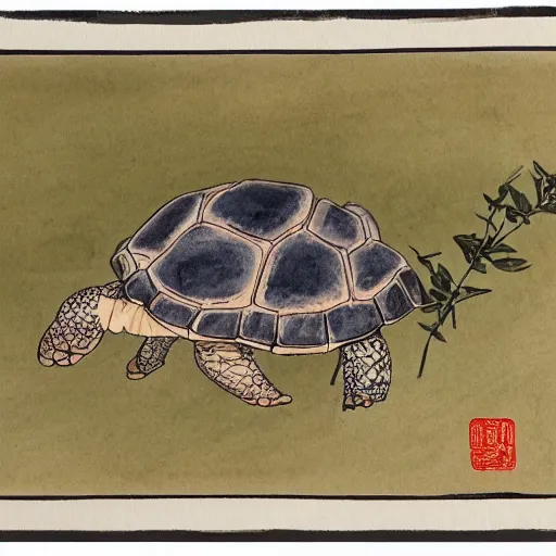 Image similar to a tortoise with a bonsi tree growing on its back, traditional chinese watercolor