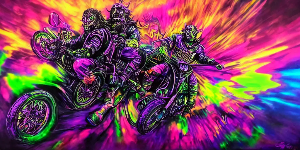 Image similar to psychedelic colorful blacklight airbrush artwork, motorcycles, stylized action shot of orc bikers riding motorcycles, menacing orcs, drifting, skidding, wheelie, clear focused details, soft airbrushed artwork, black background, cgsociety, artstation
