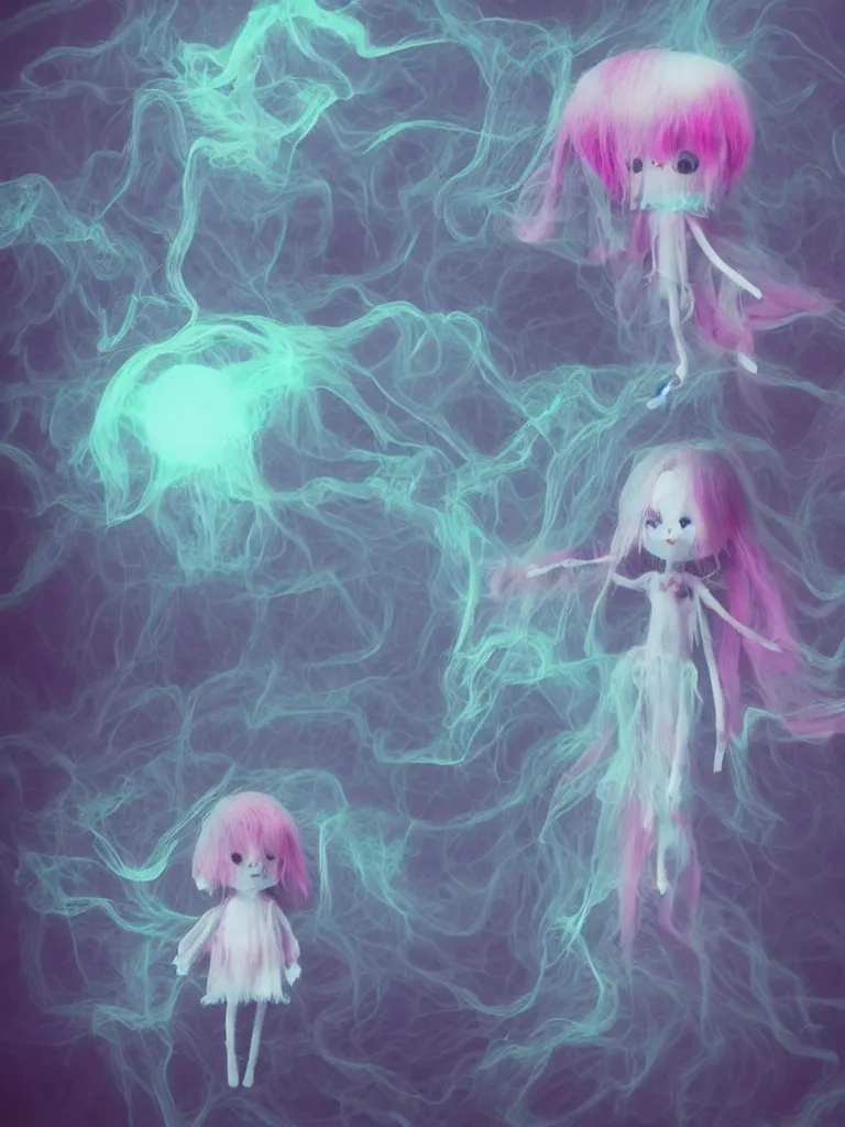 Prompt: cute fumo plush smiling ectoplasmic jellyfish ghost girl waving in deep fog over mysterious reflective waters, patchwork doll chibi gothic maiden in tattered melting rags, glowing pink wisps of hazy green smoke and eerie blue volumetric fog swirling about, moonlight, glowing lens flare, black and white, reflective refractive optics, vray