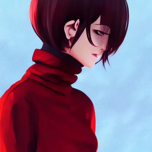 Image similar to anime girl in dark red turtleneck, black coat, elegant, 2d, ultra highly detailed, digital painting, smooth, sharp focus, artstation, portrait art by Ilya Kuvshinov