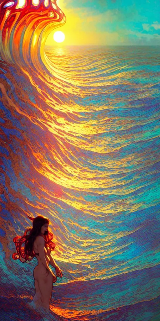 Prompt: ocean wave around psychedelic mushroom, dmt water, lsd droplets, backlit, sunset, refracted lighting, art by collier, albert aublet, krenz cushart, artem demura, alphonse mucha