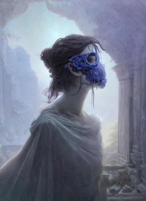 Image similar to close up of a veiled half scull mask girl on the ruins temple, looking at the camera very curiously, smog on the floor, extremely beautiful and aesthetic and attractive and cute detailed face and body, chiaroscuro, model pose, fantasy illustrations, by makoto shinkai and jeremy lipking and ferdinand knab